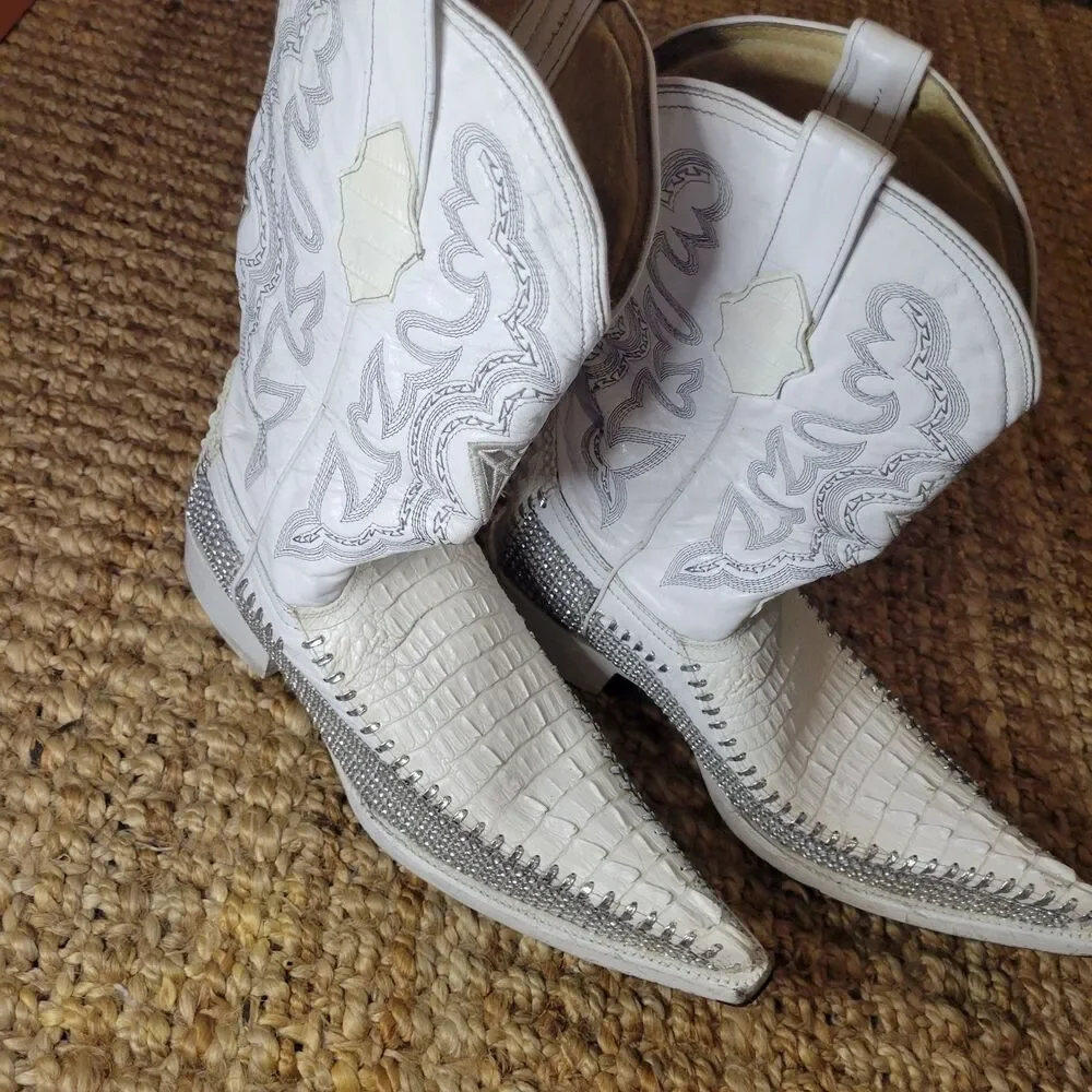 White Diamonds Crocodile Skin Leather Western Cowboy Boots White Bling 8.5 Men's